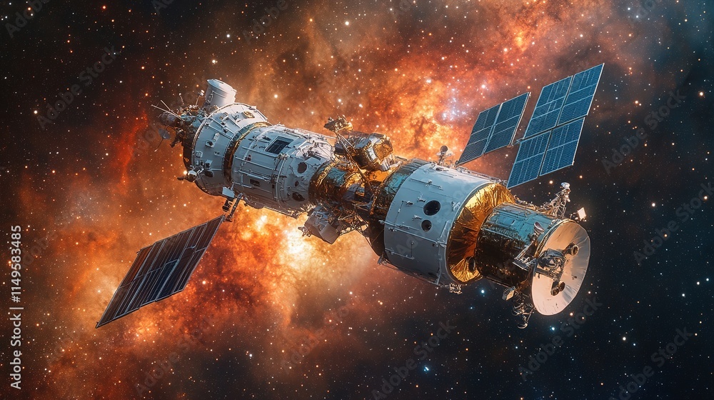 Spacecraft with solar panels reflecting sunlight in deep space, distant stars and galaxies visible, representing technological advancement and scientific exploration mission. Spacecraft with solar panels reflecting sunlight in deep space, distant stars and galaxies visible, representing technological advancement and scientific exploration mission.