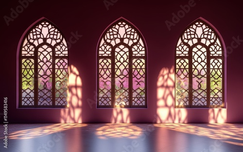 Serene Islamic Architecture: Intricate Lattice Windows Bathing in Warm Sunset Light