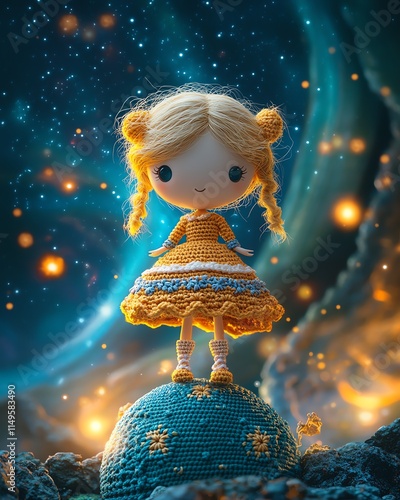 Blonde crocheted doll on a crocheted globe, set against a stunning space background with swirling nebulae and glowing stars, surreal and detailed, 8K photo