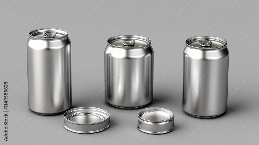 Tin can with open key front, top and bottom view set. Cylinder metal jar with lid, silver colored aluminium canister for cold drinks isolated on grey background, Realistic 3d vector icons, clip art Tin can with open key front, top and bottom view set. Cylinder metal jar with lid, silver colored aluminium canister for cold drinks isolated on grey background, Realistic 3d vector icons, clip art