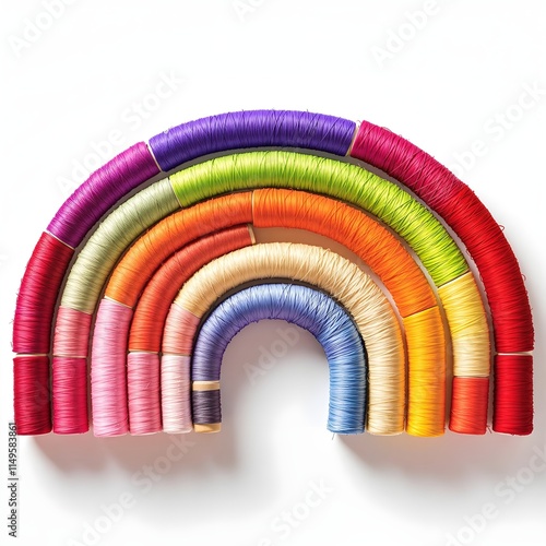 Vibrant Rainbow Thread Spools Arrangement on Clear Background, Perfect for creative designs, craft inspiration, and artistic visuals photo