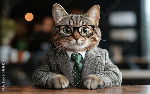 A Dapper Cat in a Gray Suit and Glasses:  A Hilarious Business Cat Portrait