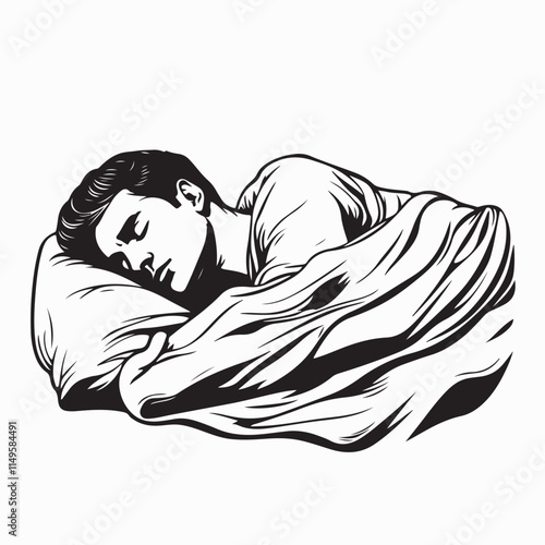 Happy Young Man Sleeping on a Bed image vector isolated on white background.