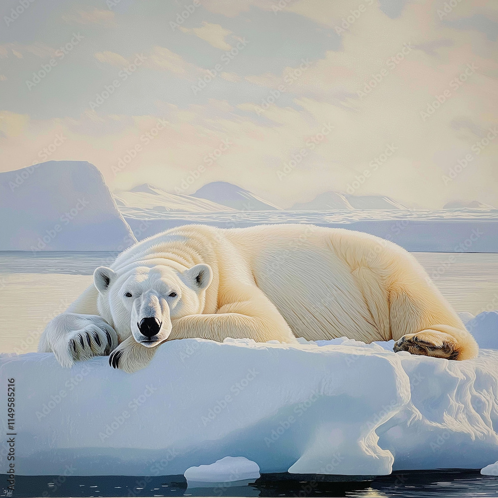 Obraz premium White Polar Bear Resting on Ice Under the Open Sky