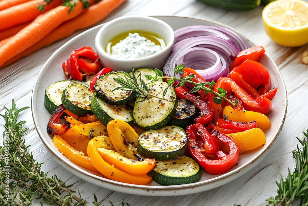 Grilled vegetables including zucchini, bell peppers, and red onion, served with fresh herbs, olive oil, and a creamy dip on a white plate. Close-up Grilled vegetables including zucchini, bell peppers, and red onion, served with fresh herbs, olive oil, and a creamy dip on a white plate. Close-up
