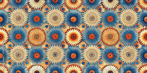 Vibrant floral pattern featuring blue, orange, and cream tones.