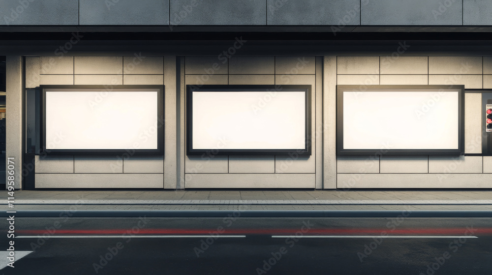 Blank street billboards on tiled wall. White posters in black frame for outdoor advertising. Vector realistic mockup of empty display boards on city road. Template of 3d promotion banners Blank street billboards on tiled wall. White posters in black frame for outdoor advertising. Vector realistic mockup of empty display boards on city road. Template of 3d promotion banners
