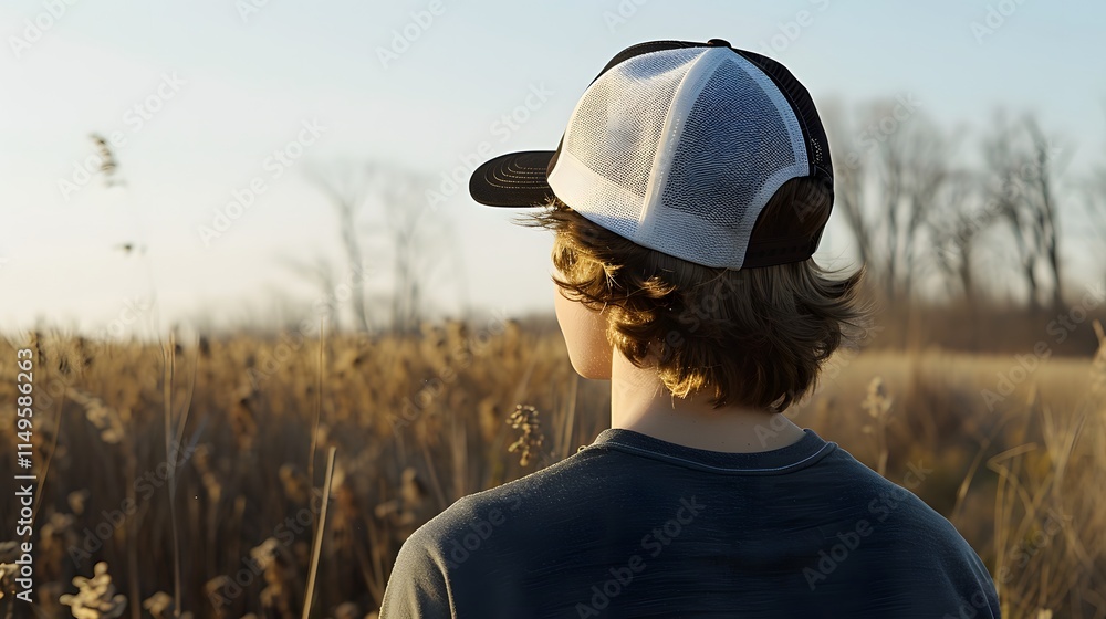 Young Person in Cap Looking Towards Nature at Sunset in Field Young Person in Cap Looking Towards Nature at Sunset in Field