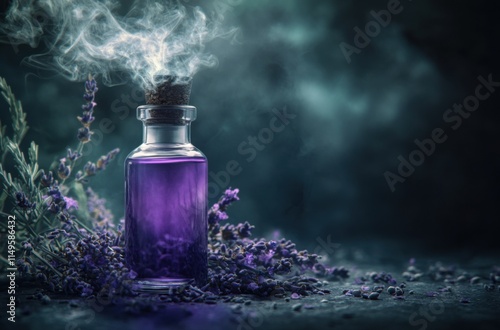 A glass vial filled with purple liquid, surrounded by dried lavender and smoke rising from the top of it with copy space photo