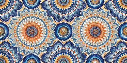 Intricate blue and orange mandala pattern with floral motifs.