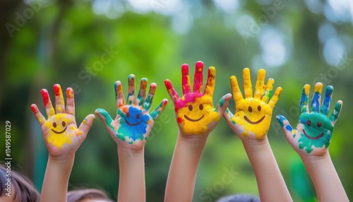 A group of hands with colorful paint on them, each hand holding up their palm and smiling face painted in the middle of it. 