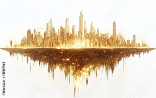Golden Metropolis Skyline Reflection: A Futuristic Cityscape at Dawn