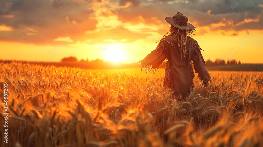 Fototapeta premium Serene Sunset Over Golden Wheat Field with Scarecrow Silhouette Surrounded by Nature, Creating a Peaceful Agricultural Landscape