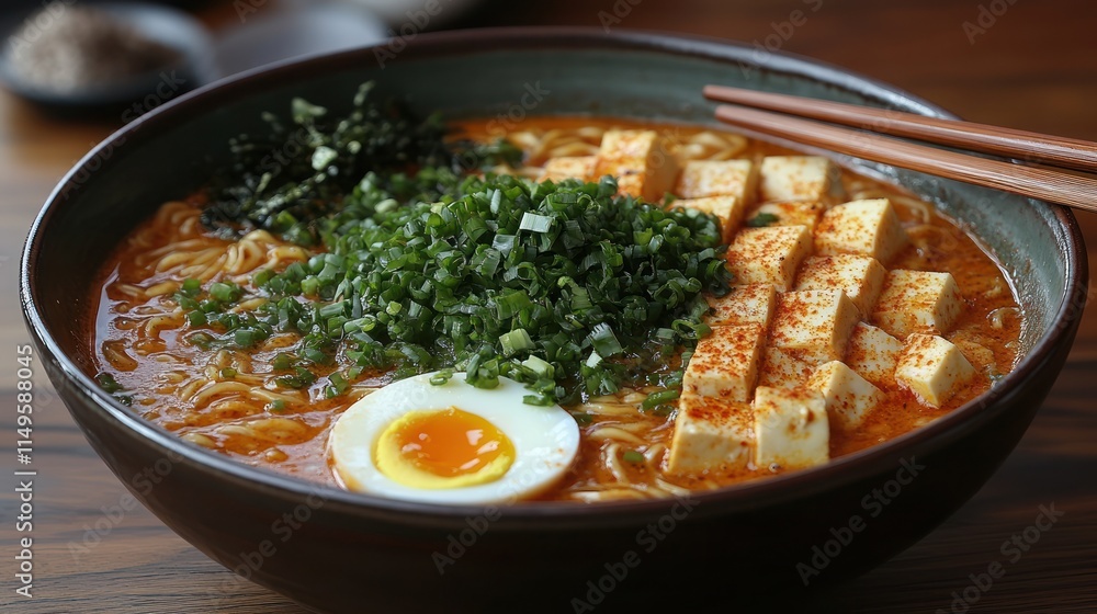 Spicy ramen bowl with soft boiled egg, tofu, and green onions. Spicy ramen bowl with soft boiled egg, tofu, and green onions.