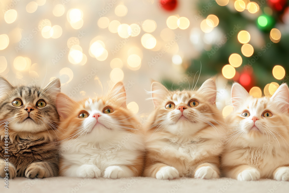 Four cats sit side by side, gazing upwards in a cozy atmosphere filled with twinkling lights and holiday cheer. Four cats sit side by side, gazing upwards in a cozy atmosphere filled with twinkling lights and holiday cheer.