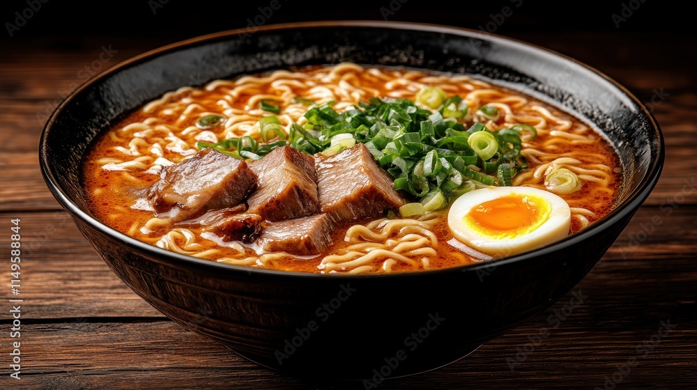 Spicy ramen noodles with pork and egg. Spicy ramen noodles with pork and egg.