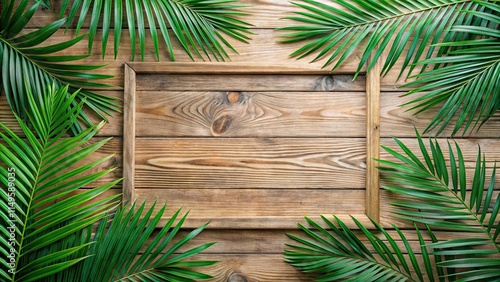 Tropical Palm Leaves Framed on Wooden Wall, tropical palm leaves, wooden wall photo