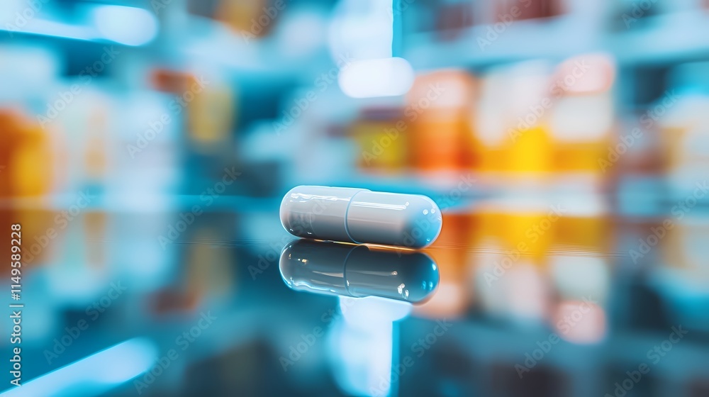 Close-up View of a Single White Capsule on a Reflective Surface with a Blurred Background of Pharmacy Shelves Full of Medicine Bottles Close-up View of a Single White Capsule on a Reflective Surface with a Blurred Background of Pharmacy Shelves Full of Medicine Bottles