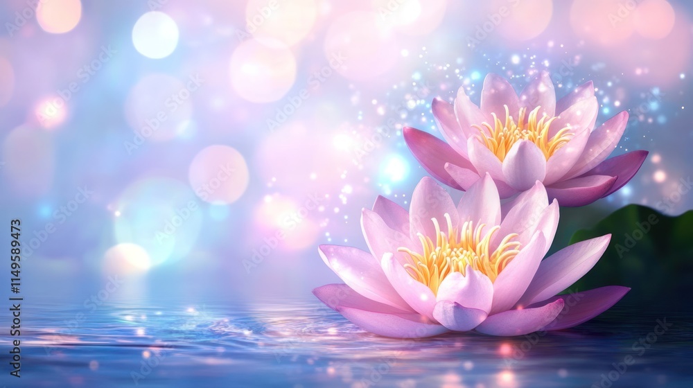 Miraculous Lotus Flower on Water - Waterlilies in Defocused Background - Concept of Magic and Wonder - Tranquil and Serene Nature Scene Miraculous Lotus Flower on Water - Waterlilies in Defocused Background - Concept of Magic and Wonder - Tranquil and Serene Nature Scene