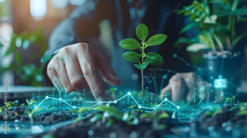 Businessperson Analyzing Growth Data with Young Plants and Technology Businessperson Analyzing Growth Data with Young Plants and Technology