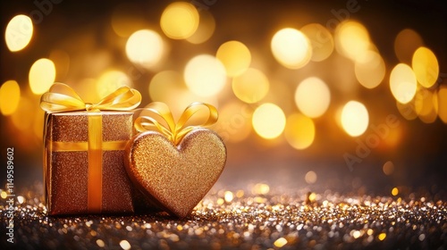 Golden heart giftbox and paper card on soft velvet fabric, with a starry glitter background for added elegance.