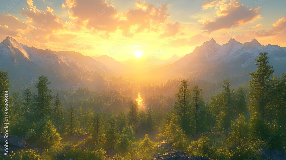 A serene sunrise over mountains and forests, reflecting tranquility and natural beauty. A serene sunrise over mountains and forests, reflecting tranquility and natural beauty.