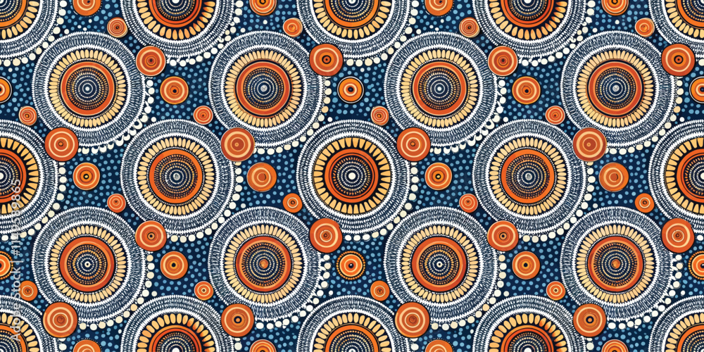 Fototapeta premium Colorful circular pattern featuring vibrant orange and white designs on blue background.