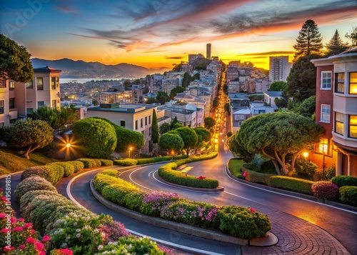 San Francisco Lombard Street Cityscape View - Iconic Winding Road & City Panorama