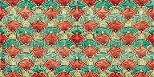 Colorful patterned fans in a vibrant design display.