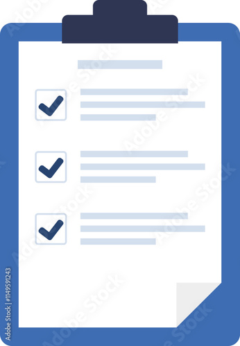 Clipboard with a sheet of paper. Sheet of paper with completed tasks on a clipboard. Vector, cartoon illustration. Vector.