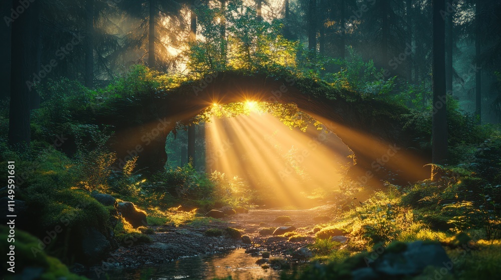Obraz premium Sunbeams through mystical forest arch.