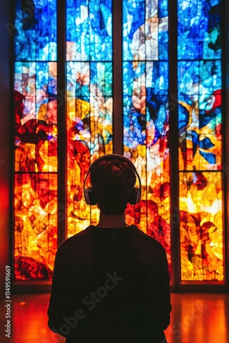 back view of a person wearing headphone and looking at colorful stained glass windows in an art gallery photo