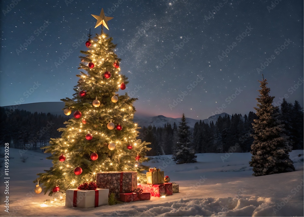 Obraz premium Christmas tree, ornaments, lights, snow-covered landscape, starry night sky, decorated tree, gift boxes
