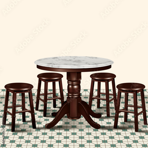 Nanyang Kopitiam Table and Chair Realistic Illustration.