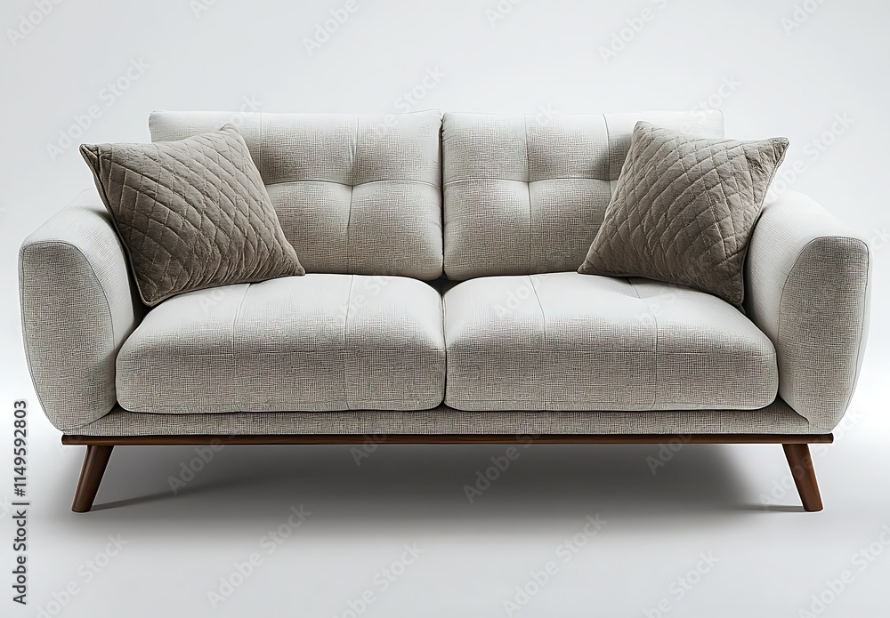 Modern beige fabric sofa with two brown cushions on a white background. Modern beige fabric sofa with two brown cushions on a white background.