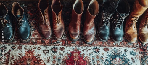 Secondhand leather boots placed on a vintage rug, surrounded by other thrifted footwear, 
