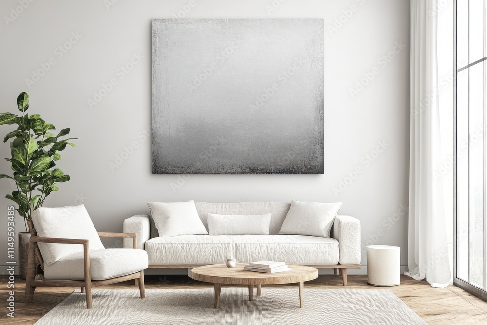 Modern living room with large abstract painting, white sofa, armchair, and wooden coffee table. Modern living room with large abstract painting, white sofa, armchair, and wooden coffee table.