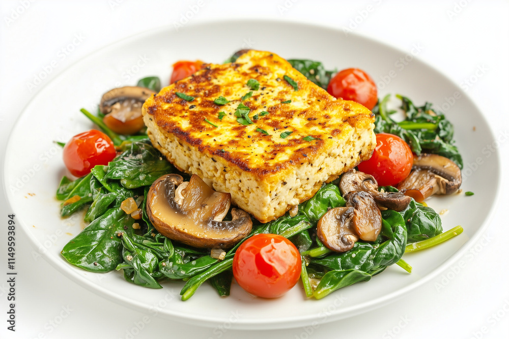 A white plate with cheese, spinach, mushrooms, and tomatoes, breakfast ideas A white plate with cheese, spinach, mushrooms, and tomatoes, breakfast ideas