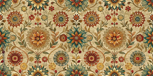 Floral pattern with vibrant colors and intricate designs in warm tones.