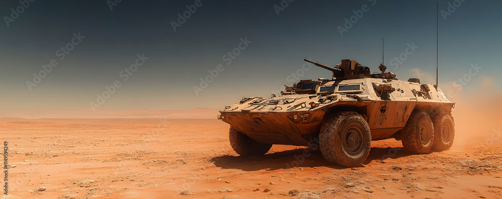Fototapeta premium A military vehicle traversing a desert landscape, showcasing rugged terrain and operational readiness.