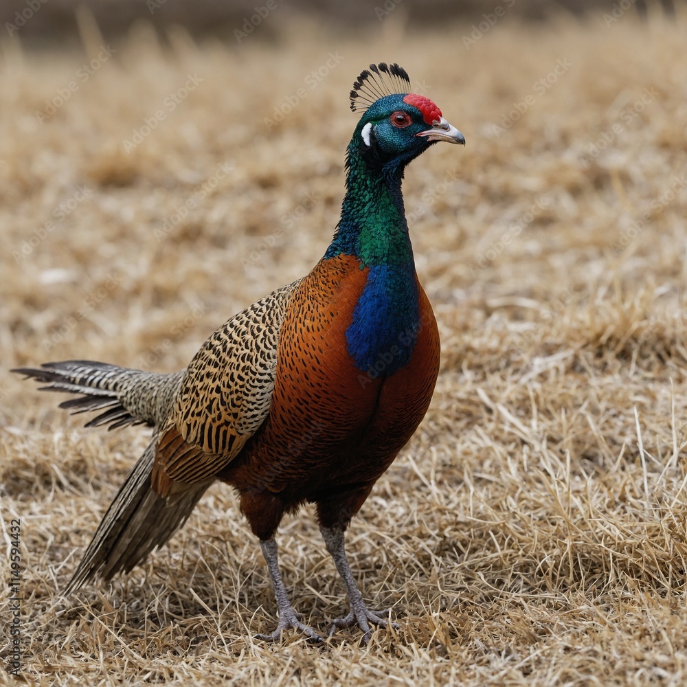 Fototapeta premium A single pheasant in a walking pose, its vivid plumage clearly visible against a white background.