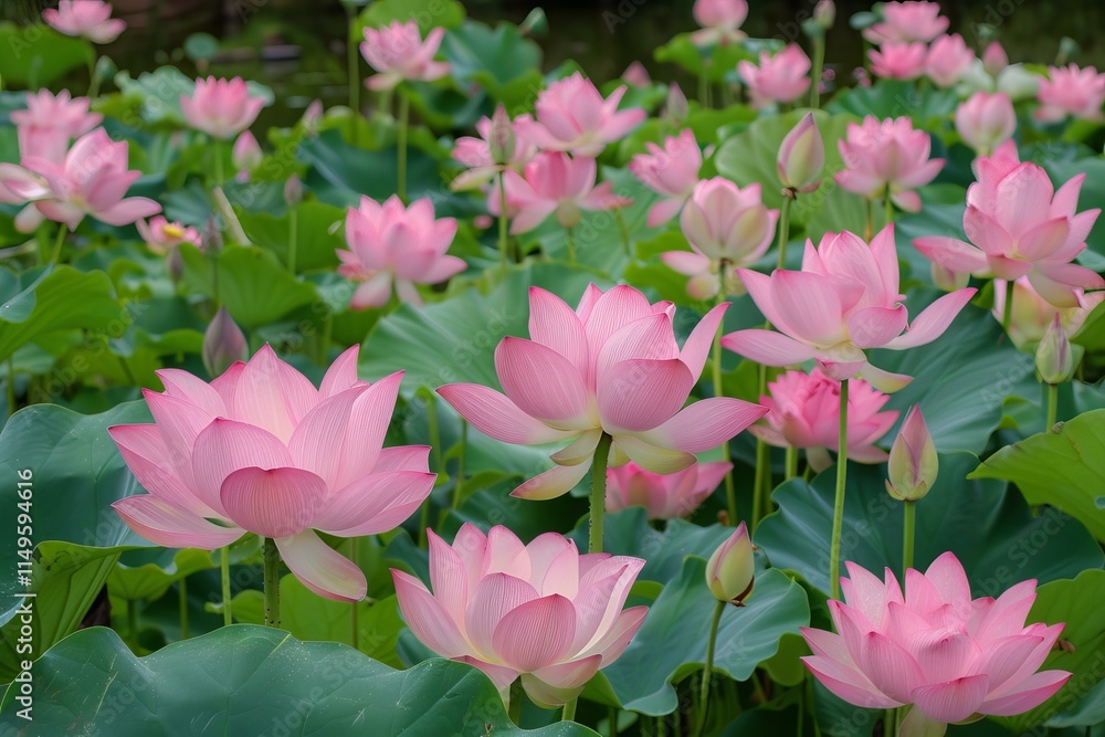 Beautiful pink lotus flowers are blooming in a pond, creating a serene and peaceful scene