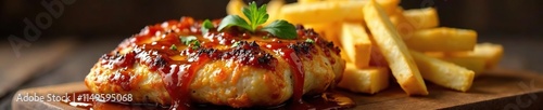 Chicken steak with fries and a side of tangy BBQ sauce, fries, spicy, meaty