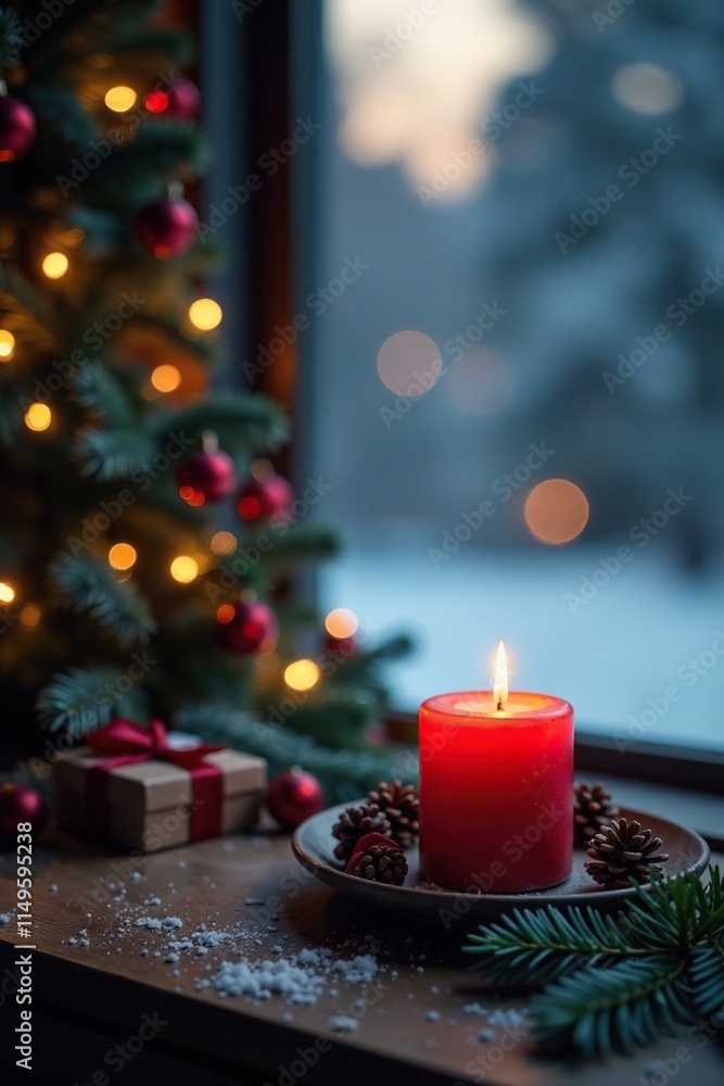 Cozy winter evening background with a warm red candle on a wooden table, winter wonderland, holiday decoration Cozy winter evening background with a warm red candle on a wooden table, winter wonderland, holiday decoration