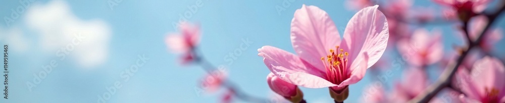 Delicate pink petals of an unfolding apricot blossom in a clear blue sky, pink, garden Delicate pink petals of an unfolding apricot blossom in a clear blue sky, pink, garden