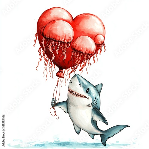 A playful shark holding a balloon shaped like a heart, surrounded by jellyfish. photo