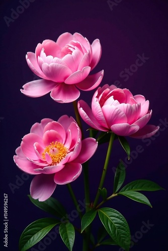 Fototapeta Naklejka Na Ścianę i Meble -  Isolated pink peonies on a dark background with purple shadows, pink, foliage, purple