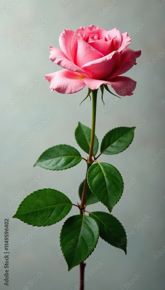 A long stem of fully opened blooming roses with vibrant pink color and lush green leaves, blooming roses, flowering plant, rose stems A long stem of fully opened blooming roses with vibrant pink color and lush green leaves, blooming roses, flowering plant, rose stems