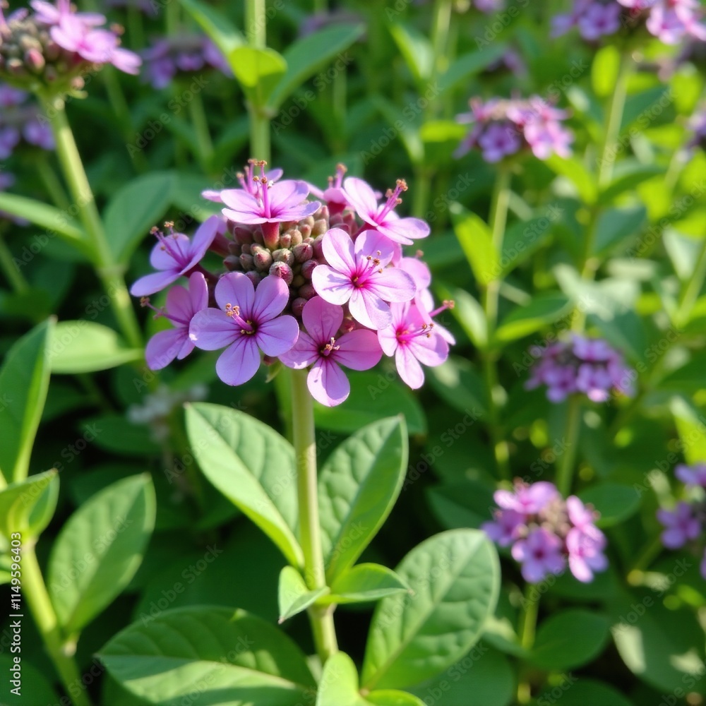 Low growing plant with delicate purple flowers in full bloom on a leafy green stem, saintpaulia, ornamental plant Low growing plant with delicate purple flowers in full bloom on a leafy green stem, saintpaulia, ornamental plant