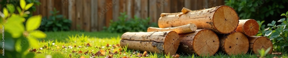 A pile of freshly cut timber boards in the garden, with a wooden fence in the background, outdoor, rustic, garden A pile of freshly cut timber boards in the garden, with a wooden fence in the background, outdoor, rustic, garden